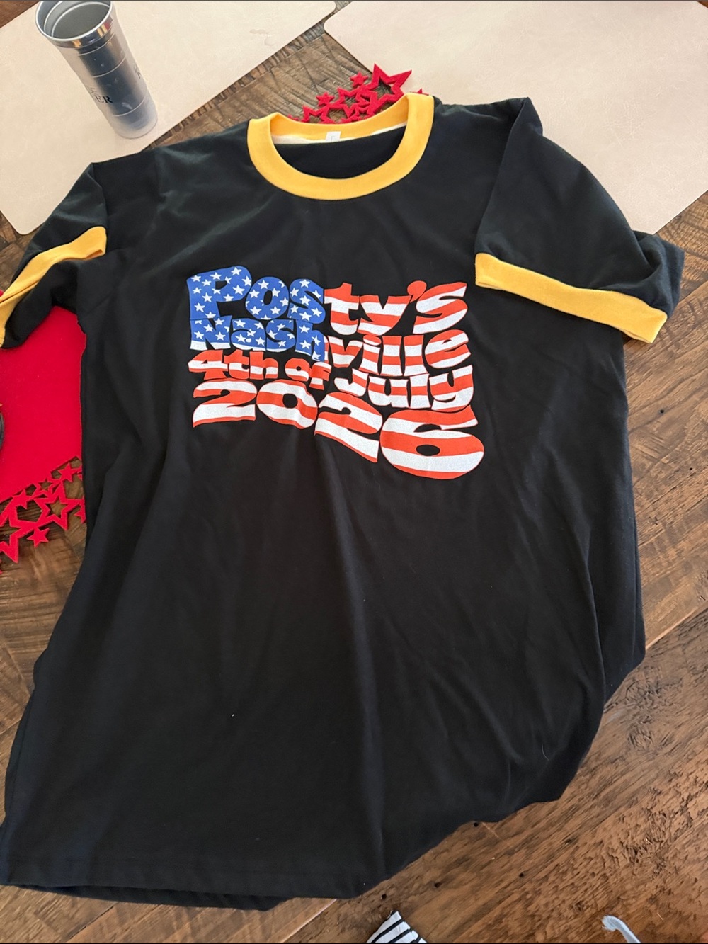 Black & Yellow Ringer T‑Shirt with Patriotic Graphic Postys 4th of July